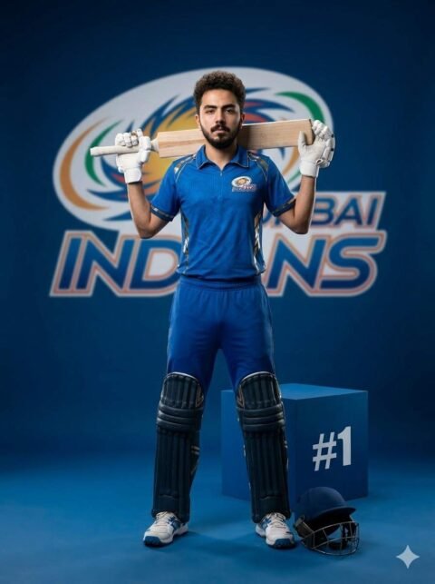 MI Cricket Cinematic Photo Prompt – Bat Shoulder Champion Pose Ultra Realistic DSLR Poster