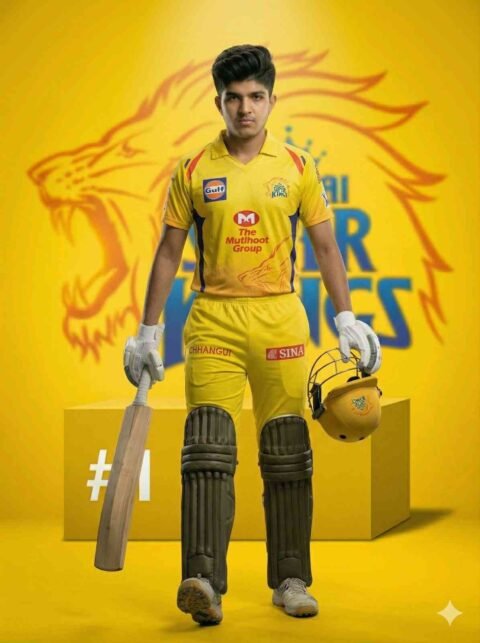CSK Cricket Cinematic Photo Prompt – Power Stomp Pose Ultra Realistic DSLR Poster