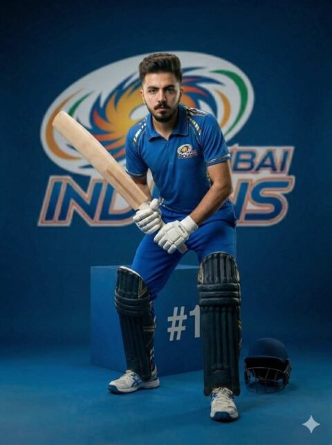 MI Cricket Cinematic Photo Prompt – Action Ready Pose Ultra Realistic DSLR Poster
