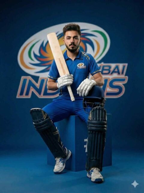 MI Cricket Cinematic Photo Prompt – Cross Leg Elite Pose Ultra Realistic DSLR Poster