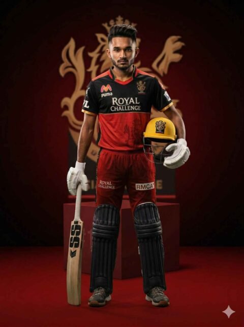 RCB Cricket Cinematic Photo Prompt – Victory Power Pose Ultra Realistic DSLR Poster