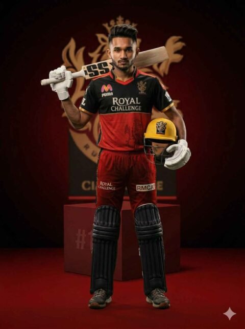 RCB Cricket Cinematic Photo Prompt – Shoulder Power Pose Ultra Realistic DSLR Poster