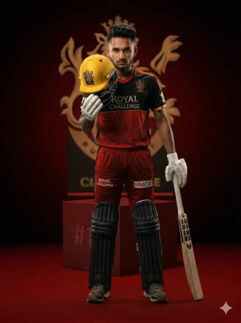 RCB Cricket Cinematic Photo Prompt – Helmet Power Pose Ultra Realistic DSLR Poster