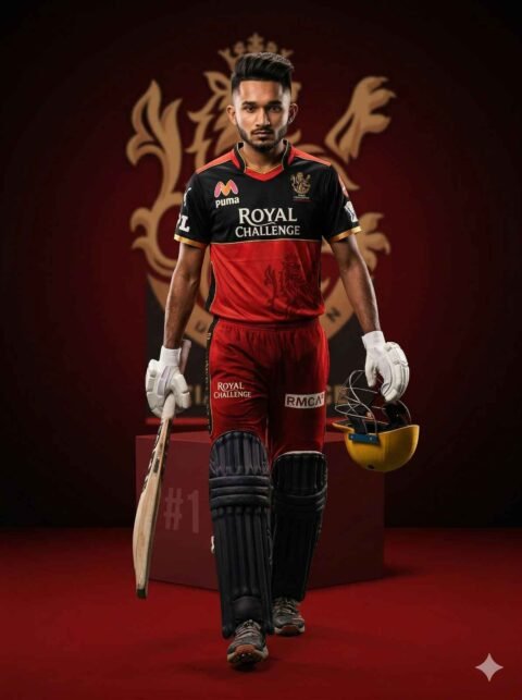RCB Cricket Cinematic Photo Prompt – Walking Power Pose Ultra Realistic DSLR Poster