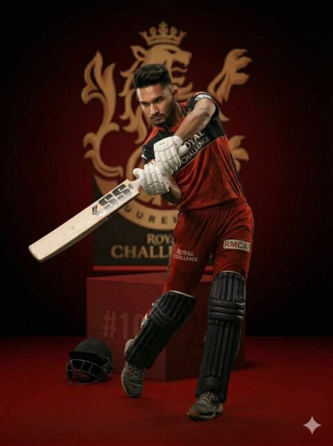 RCB Cricket Cinematic Photo Prompt – Action Swing Pose Ultra Realistic DSLR Poster